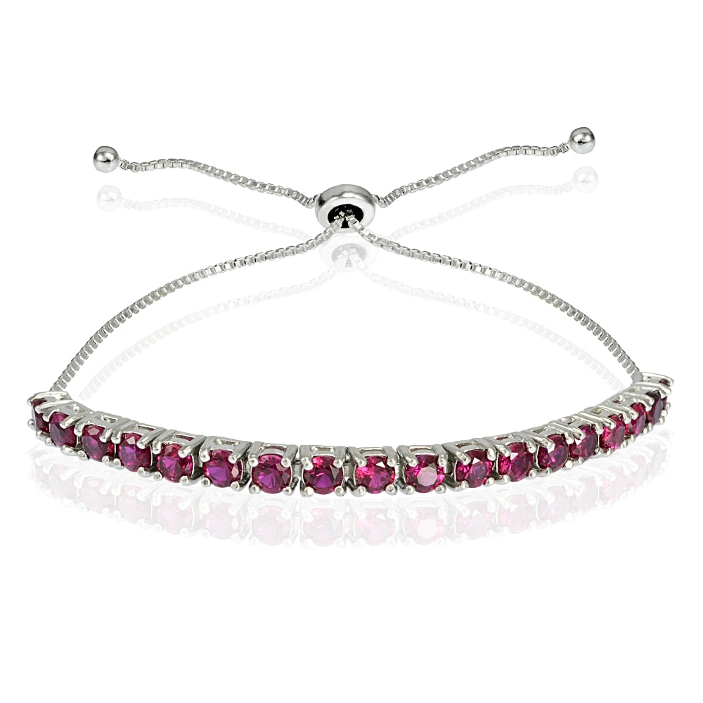 Sterling Silver 3mm Created Ruby Round-cut Adjustable Bracelet