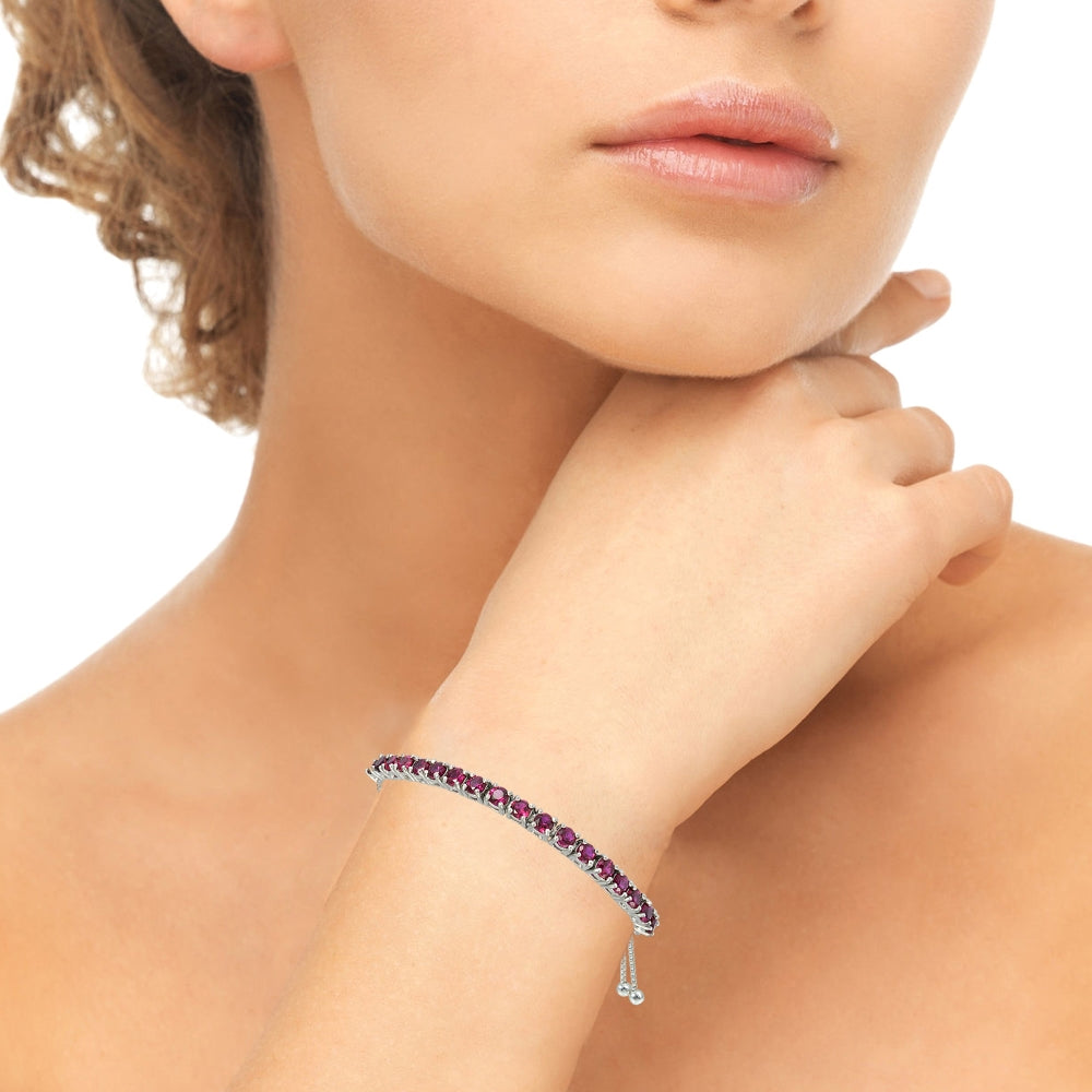 Sterling Silver 3mm Created Ruby Round-cut Adjustable Bracelet-4