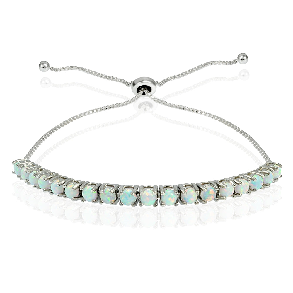 Sterling Silver 3mm Round Created White Opal Adjustable Pull-string Bolo Tennis Bracelet