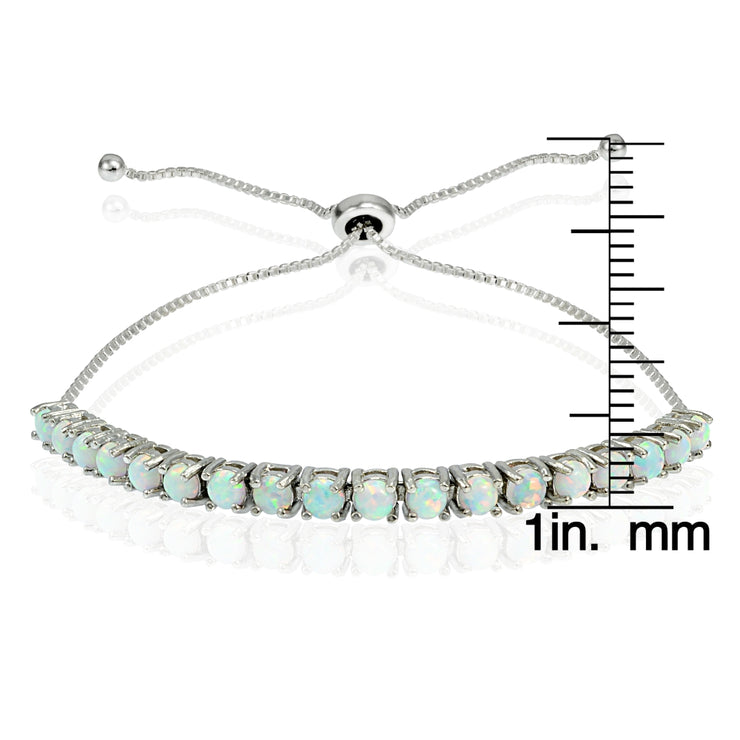 Sterling Silver 3mm Round Created White Opal Adjustable Pull-string Bolo Tennis Bracelet