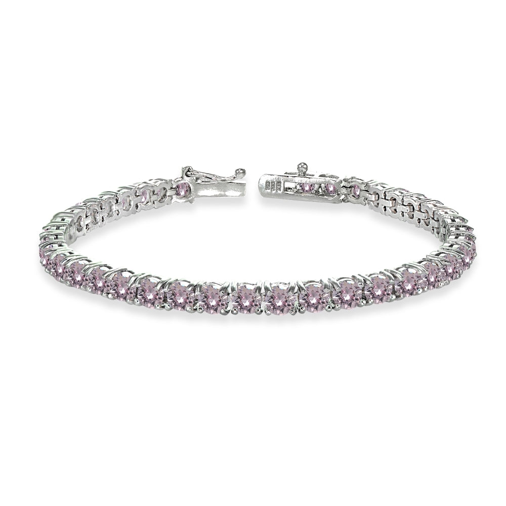 Sterling Silver Pink 4mm Round Tennis Bracelet Made with Swarovski Crystals