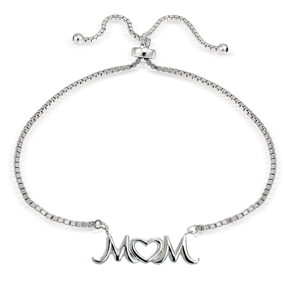 Sterling Silver MOM Open Heart Polished Adjustable Bracelet