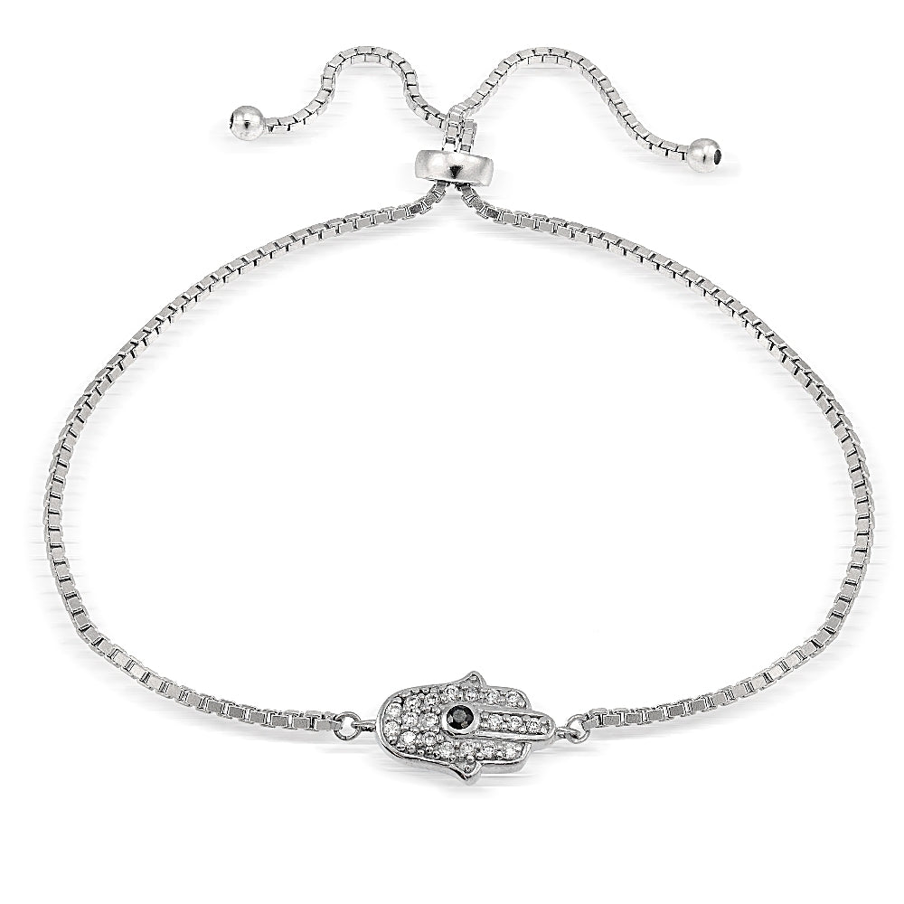 Sterling Silver Cubic Zirconia Hamsa Hand Adjustable Bracelet