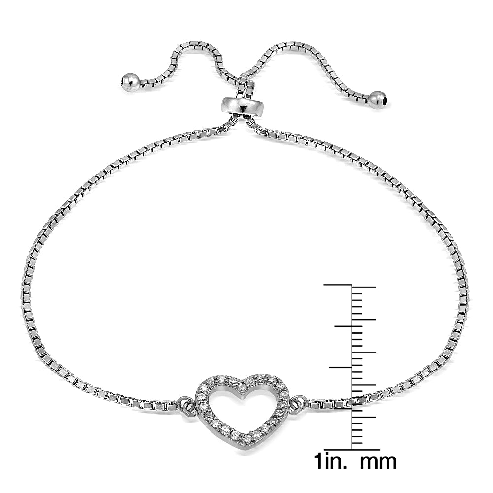 Sterling Silver Cubic Zirconia Open Heart Adjustable Bracelet-2