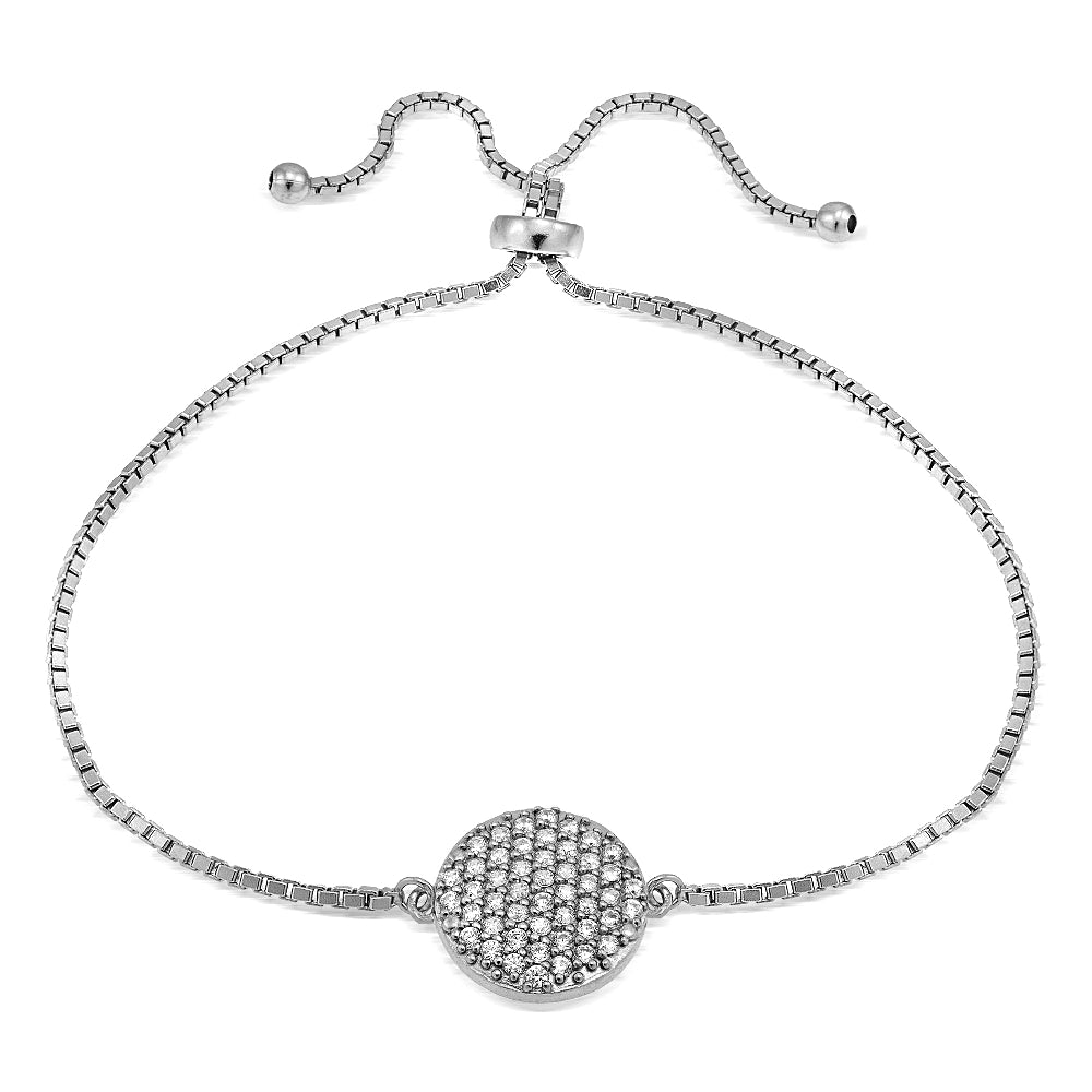 Sterling Silver Cubic Zirconia Circle Charm Adjustable Bracelet