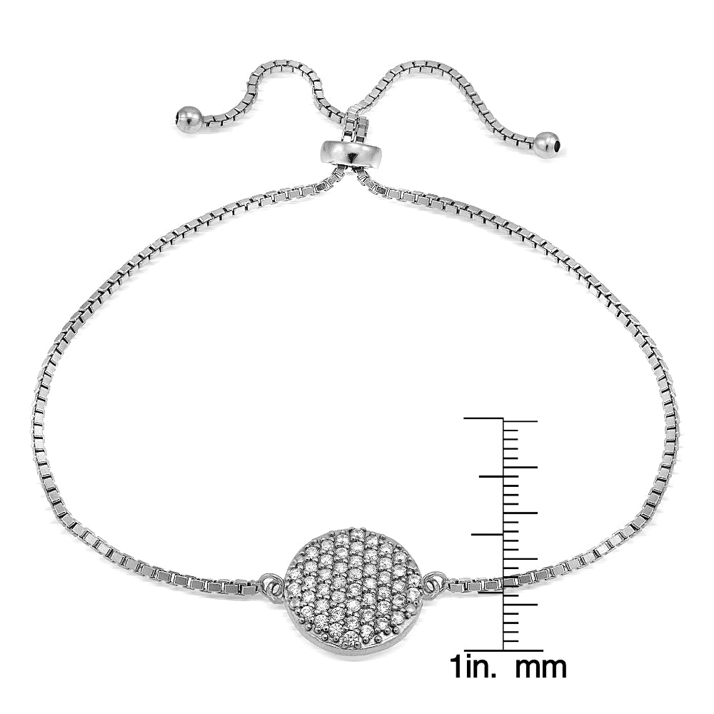 Sterling Silver Cubic Zirconia Circle Charm Adjustable Bracelet-2
