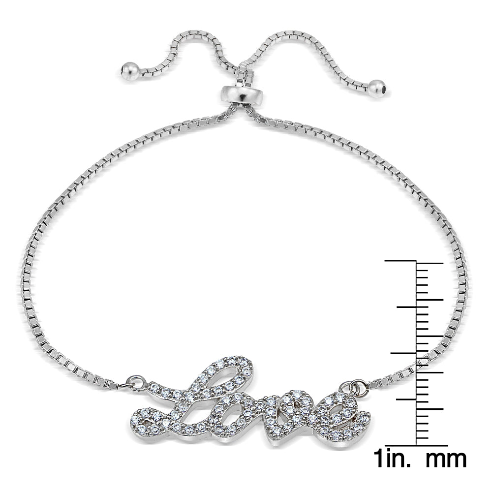 Sterling  Sterling Silver Cubic Zirconia 'Love' Adjustable Bracelet-2