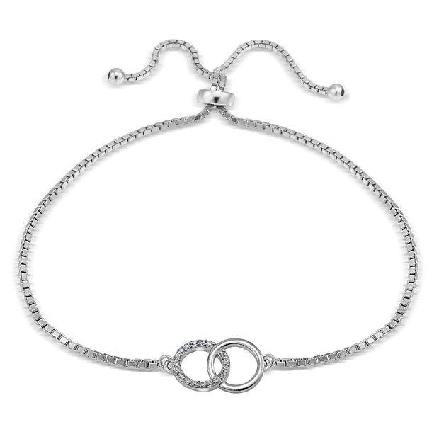 Sterling Silver Cubic Zirconia Interlocking Circles Adjustable Bracelet