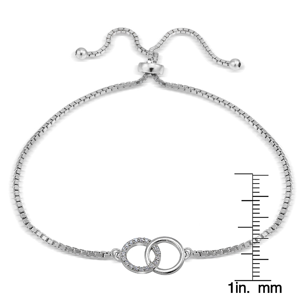 Sterling Silver Cubic Zirconia Interlocking Circles Adjustable Bracelet-2