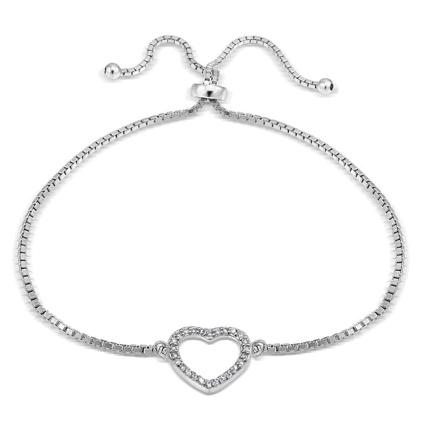 Sterling  Silver Cubic Zirconia Open Heart Adjustable Bracelet
