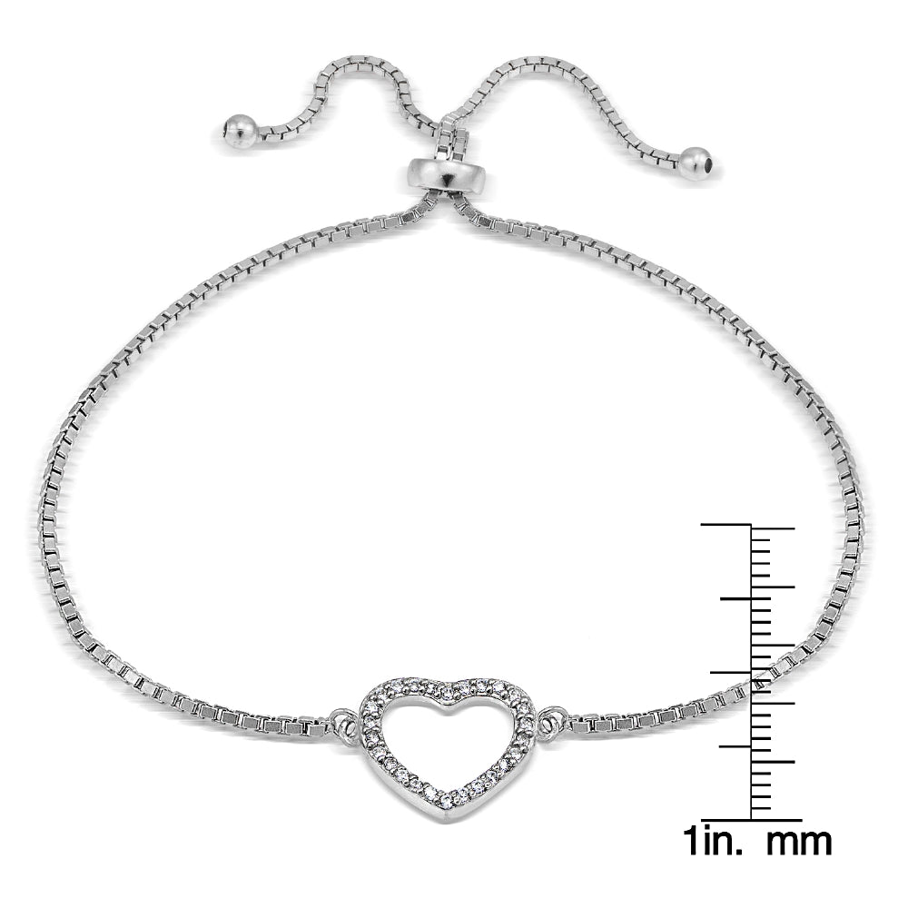 Sterling  Silver Cubic Zirconia Open Heart Adjustable Bracelet-2