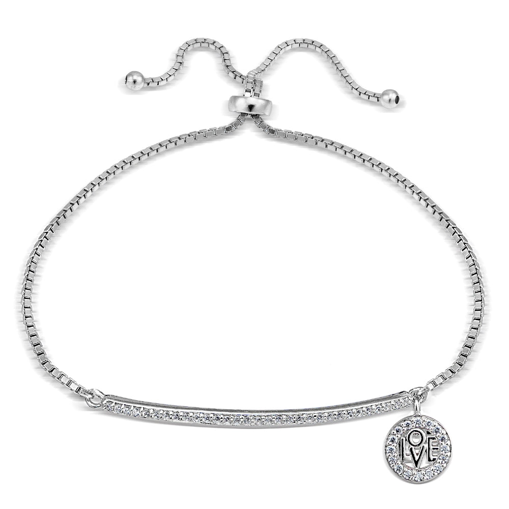 Sterling Silver  Cubic Zirconia 'Love' Charm Bar Adjustable Bracelet