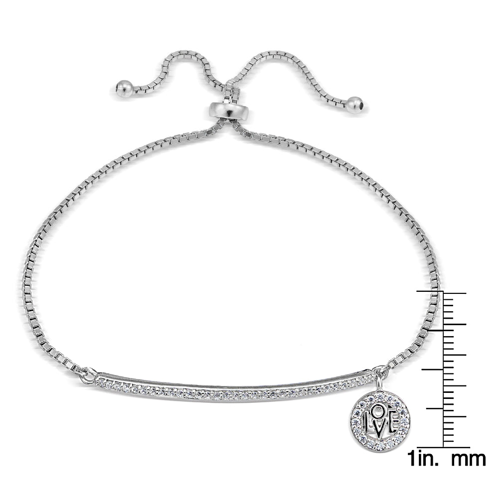 Sterling Silver  Cubic Zirconia 'Love' Charm Bar Adjustable Bracelet-2