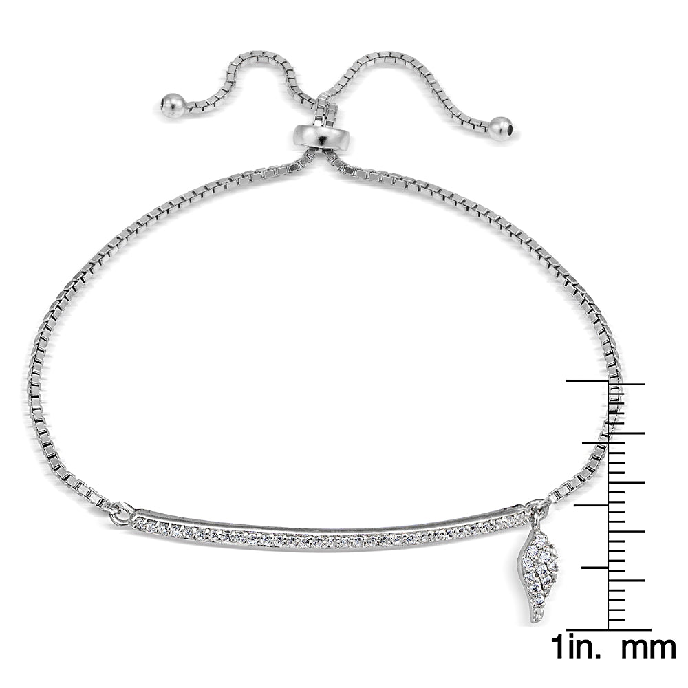 Sterling Silver Cubic Zirconia Bar Wing Charm Adjustable Bracelet-2