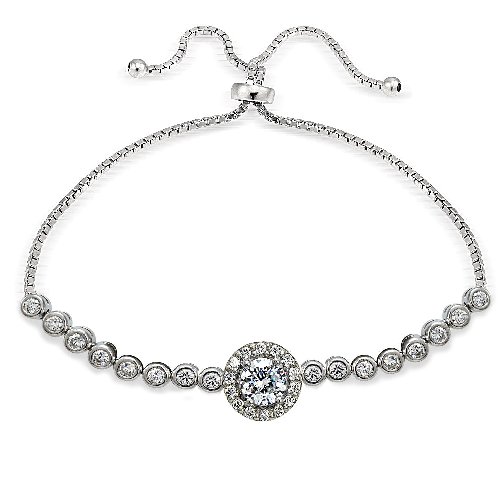 Sterling Silver Cubic Zirconia Halo Adjustable Bracelet