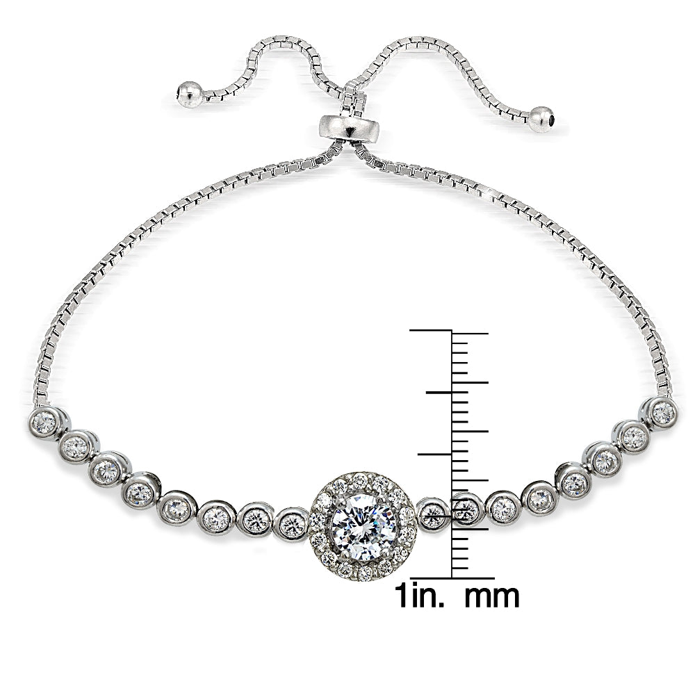 Sterling Silver Cubic Zirconia Halo Adjustable Bracelet-3