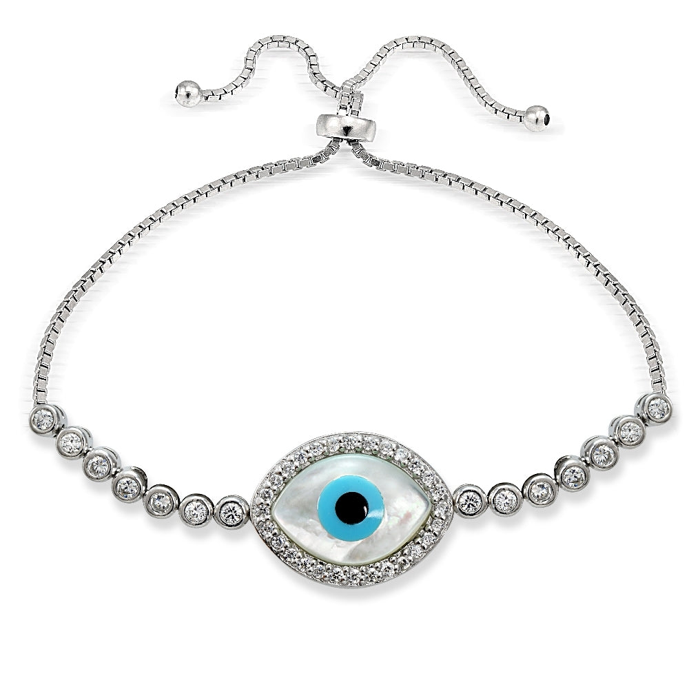 Sterling Silver Cubic Zirconia Evil Eye Adjustable Bracelet