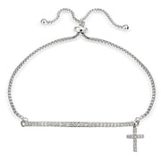 Sterling Silver Cubic Zirconia Cross & Bar Adjustable Bracelet