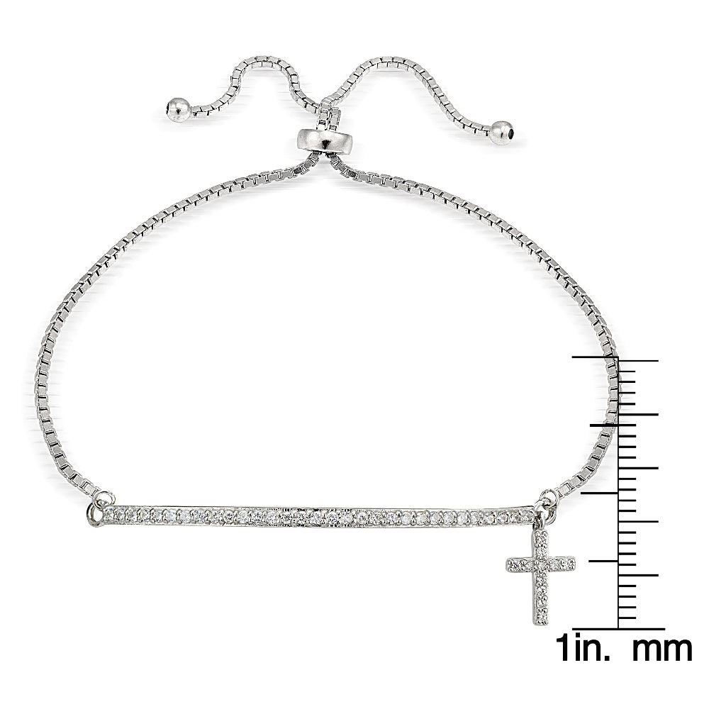 Sterling Silver Cubic Zirconia Cross & Bar Adjustable Bracelet-3
