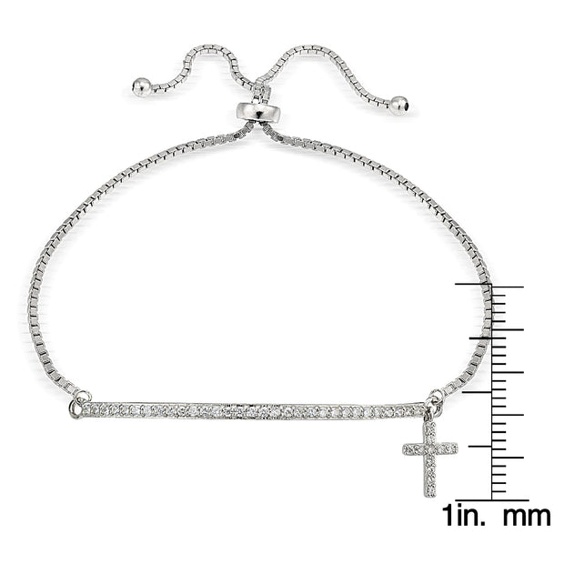 Sterling Silver Cubic Zirconia Cross & Bar Adjustable Bracelet
