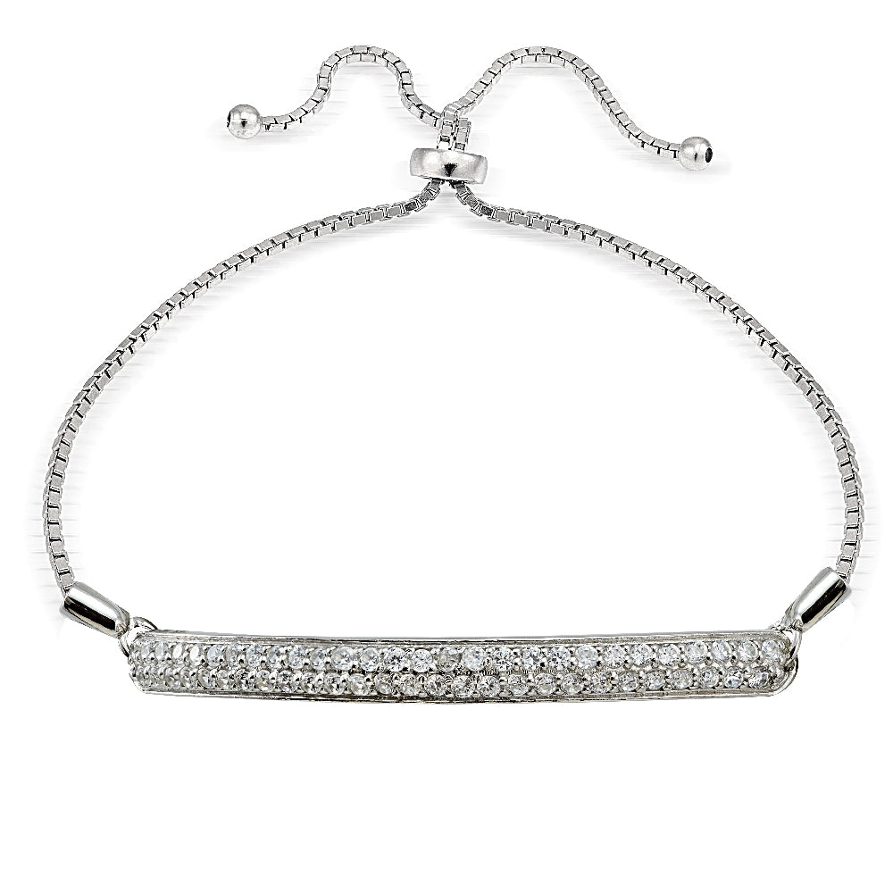 Sterling Silver Cubic Zirconia 2-Row Bar Adjustable Bracelet