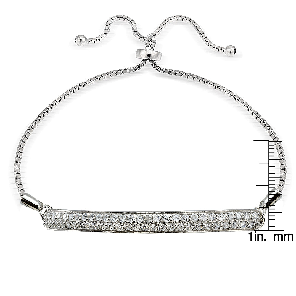 Sterling Silver Cubic Zirconia 2-Row Bar Adjustable Bracelet-3
