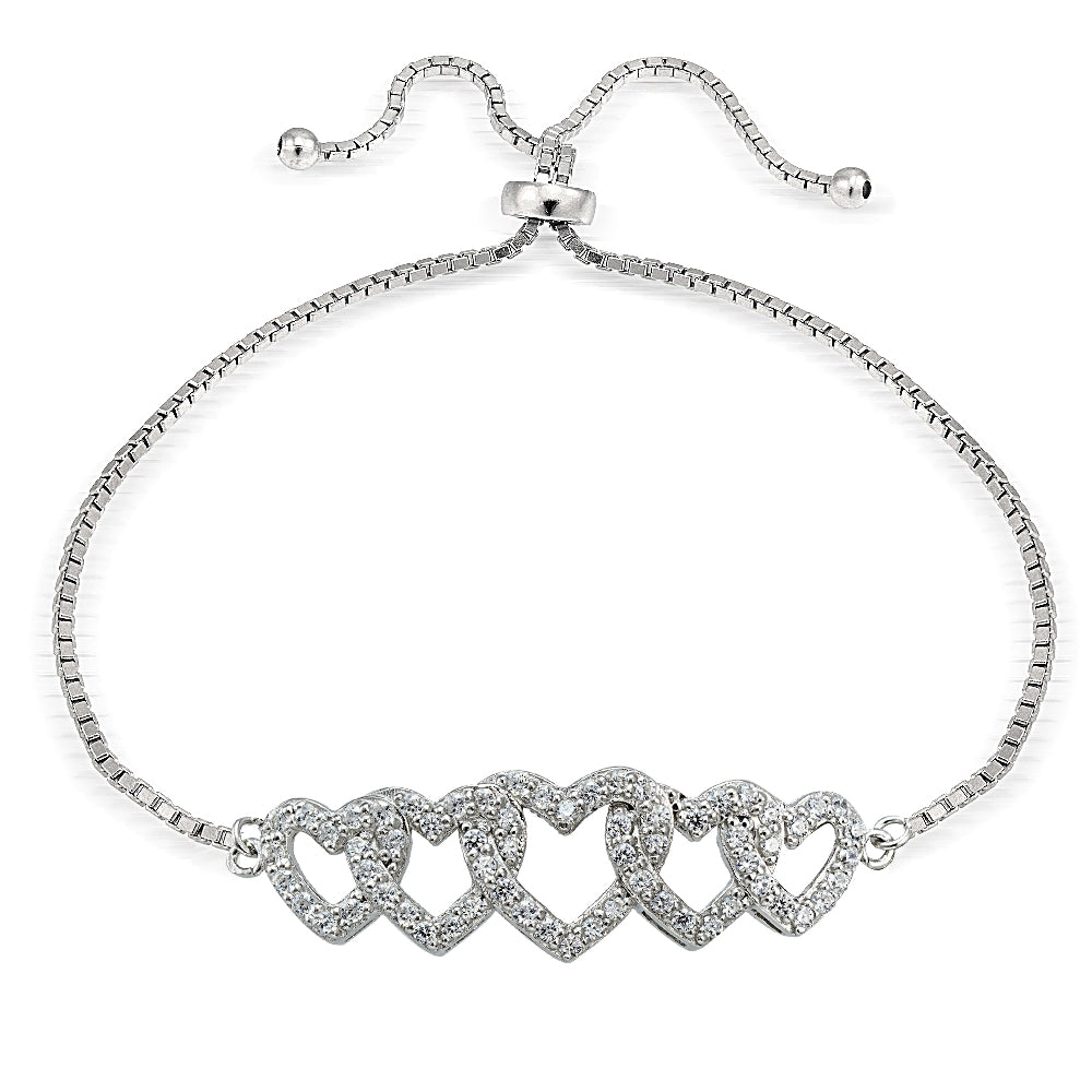 Sterling Silver Cubic Zirconia Intertwining Hearts Adjustable Bracelet