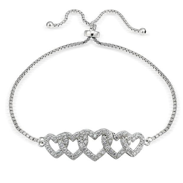Sterling Silver Cubic Zirconia Intertwining Hearts Adjustable Bracelet