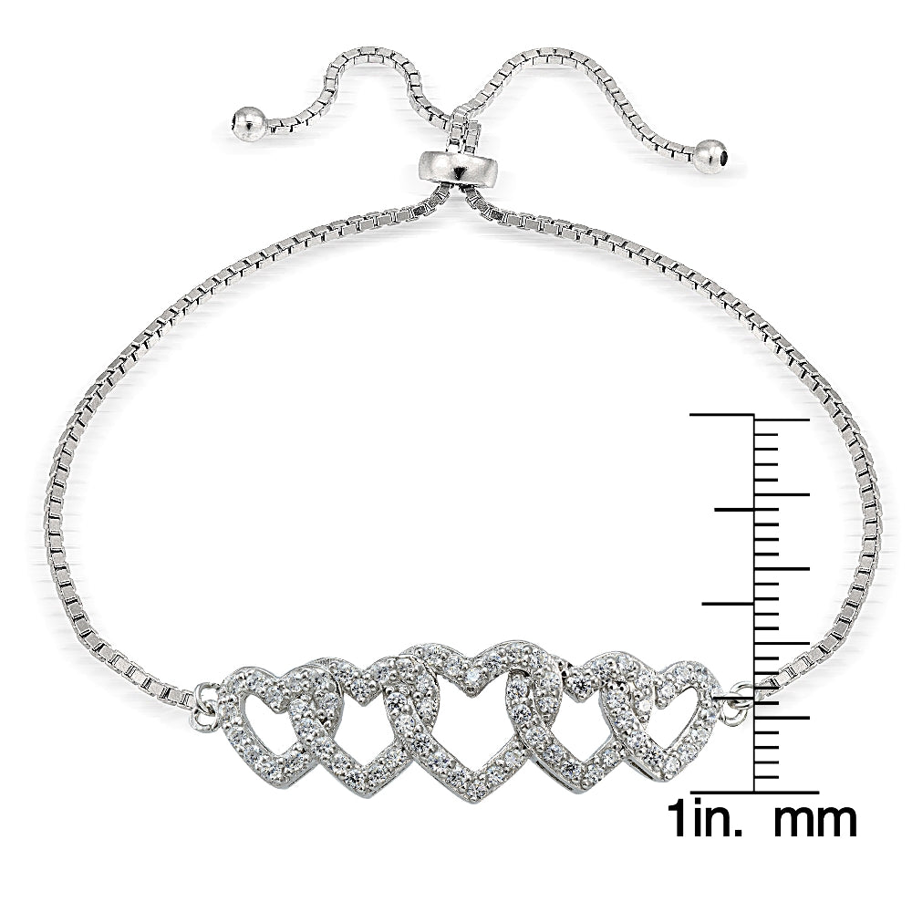 Sterling Silver Cubic Zirconia Intertwining Hearts Adjustable Bracelet-3