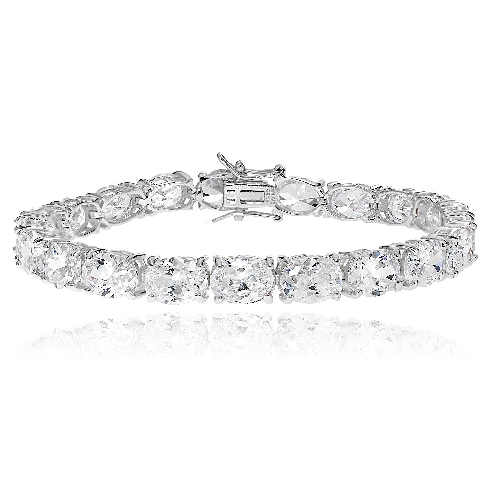 Sterling Silver Oval Cubic  Zirconia 8x6mm Tennis Bracelet