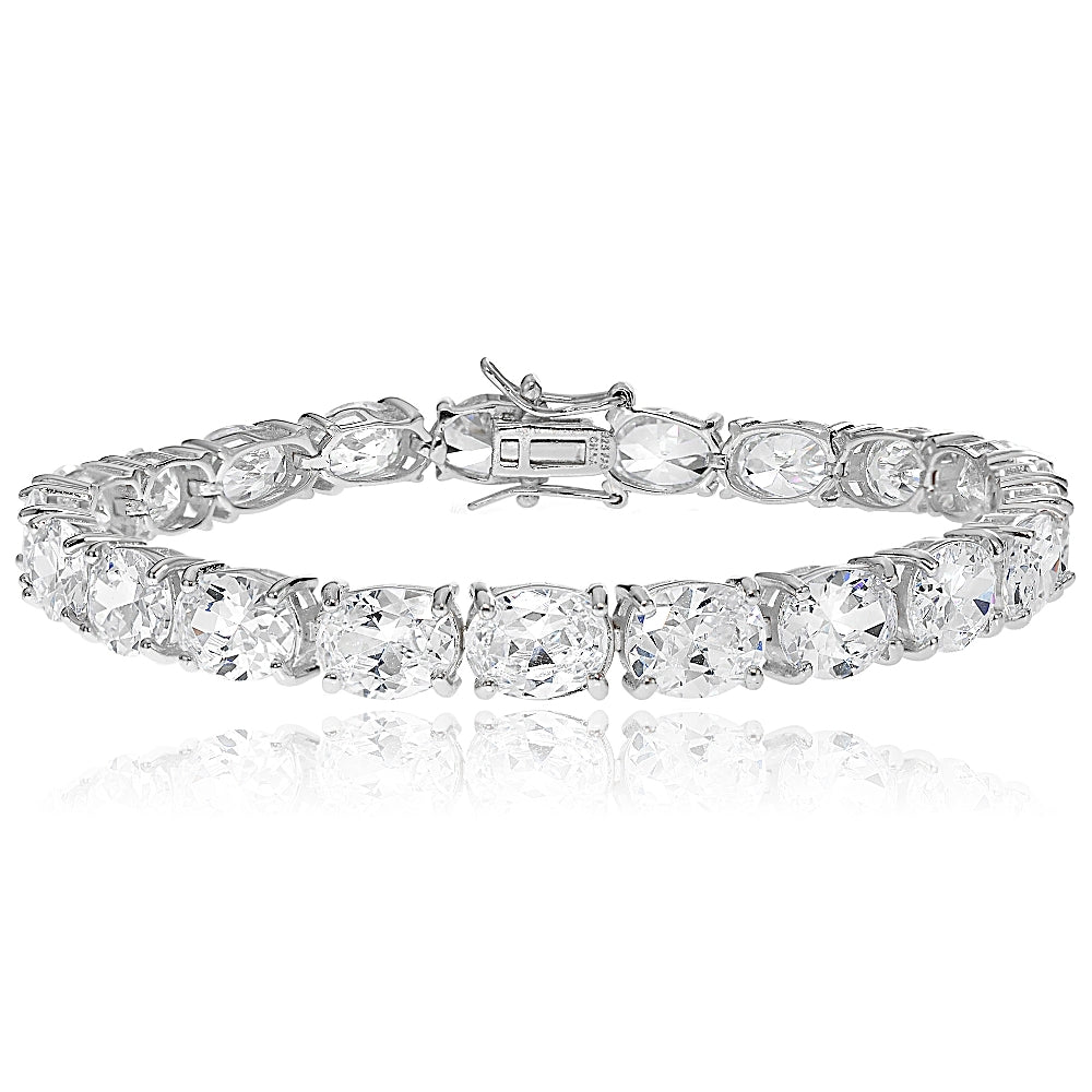 Sterling Silver Oval Cubic  Zirconia 9x7mm Tennis Bracelet