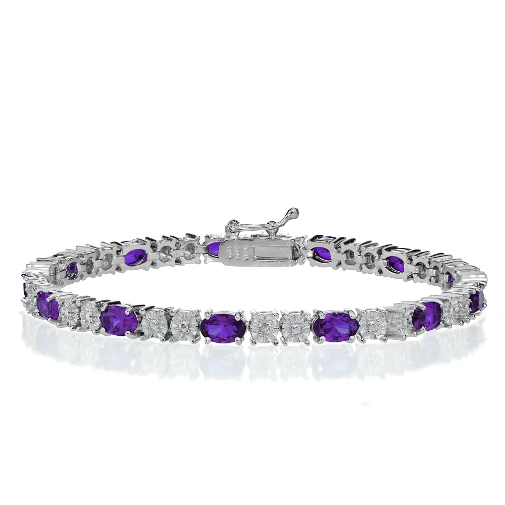 Sterling Silver 4.5ct African Amethyst and Diamond Accent Oval Tennis Bracelet