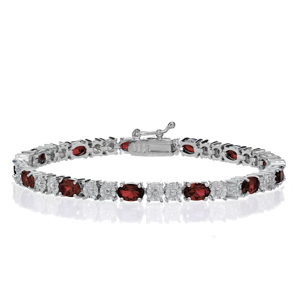 Sterling Silver 6.5ct African Garnet and Diamond Accent Oval Tennis Bracelet