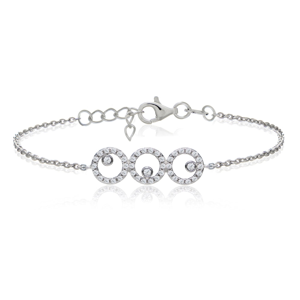 Sterling Silver Cubic  Zirconia Triple Circle Dainty Chain Bracelet