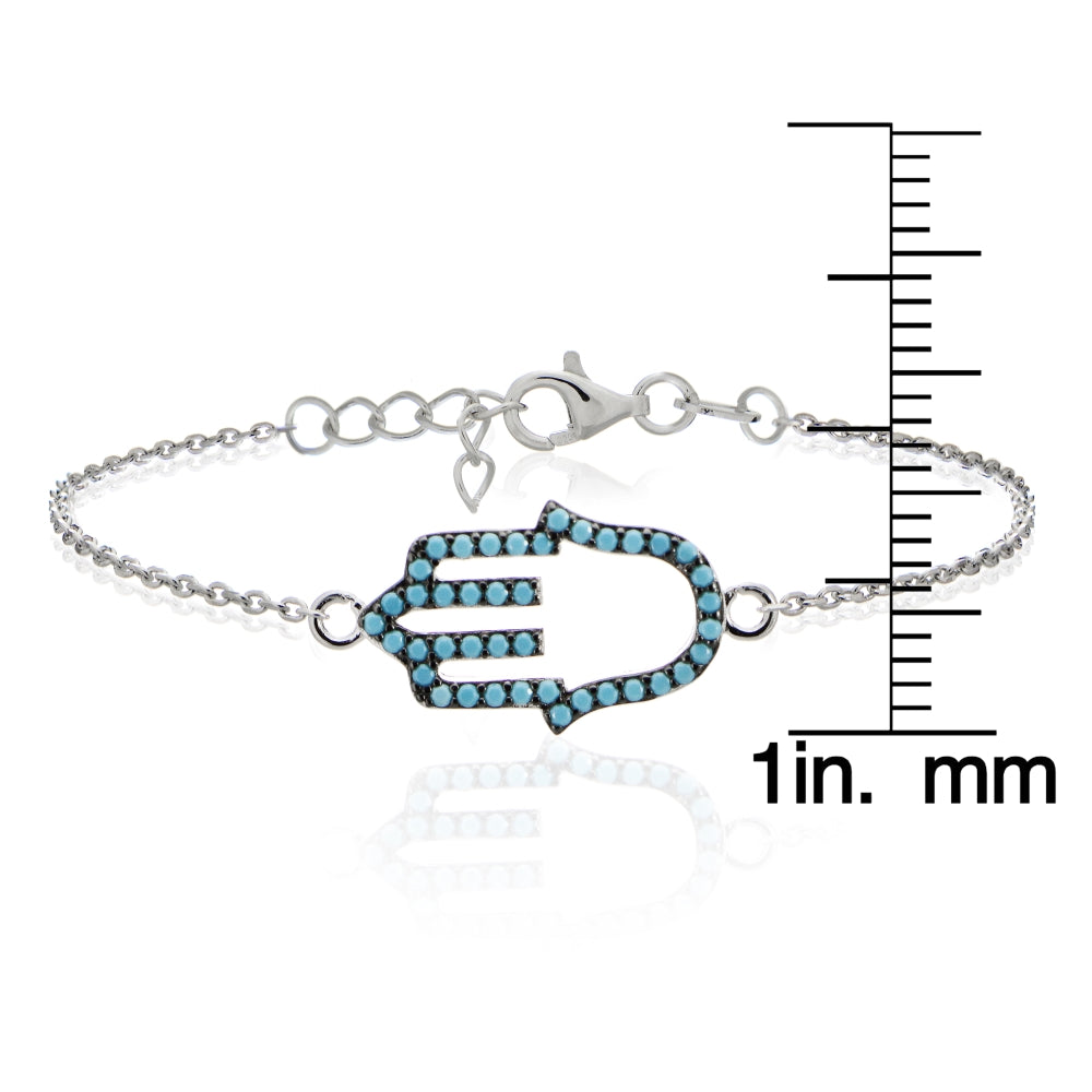 Sterling Silver Nano Created Turquoise Hamsa Hand Chain Bracelet-3