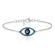 Sterling Silver Nano Created Turquoise Evil Eye Chain Bracelet