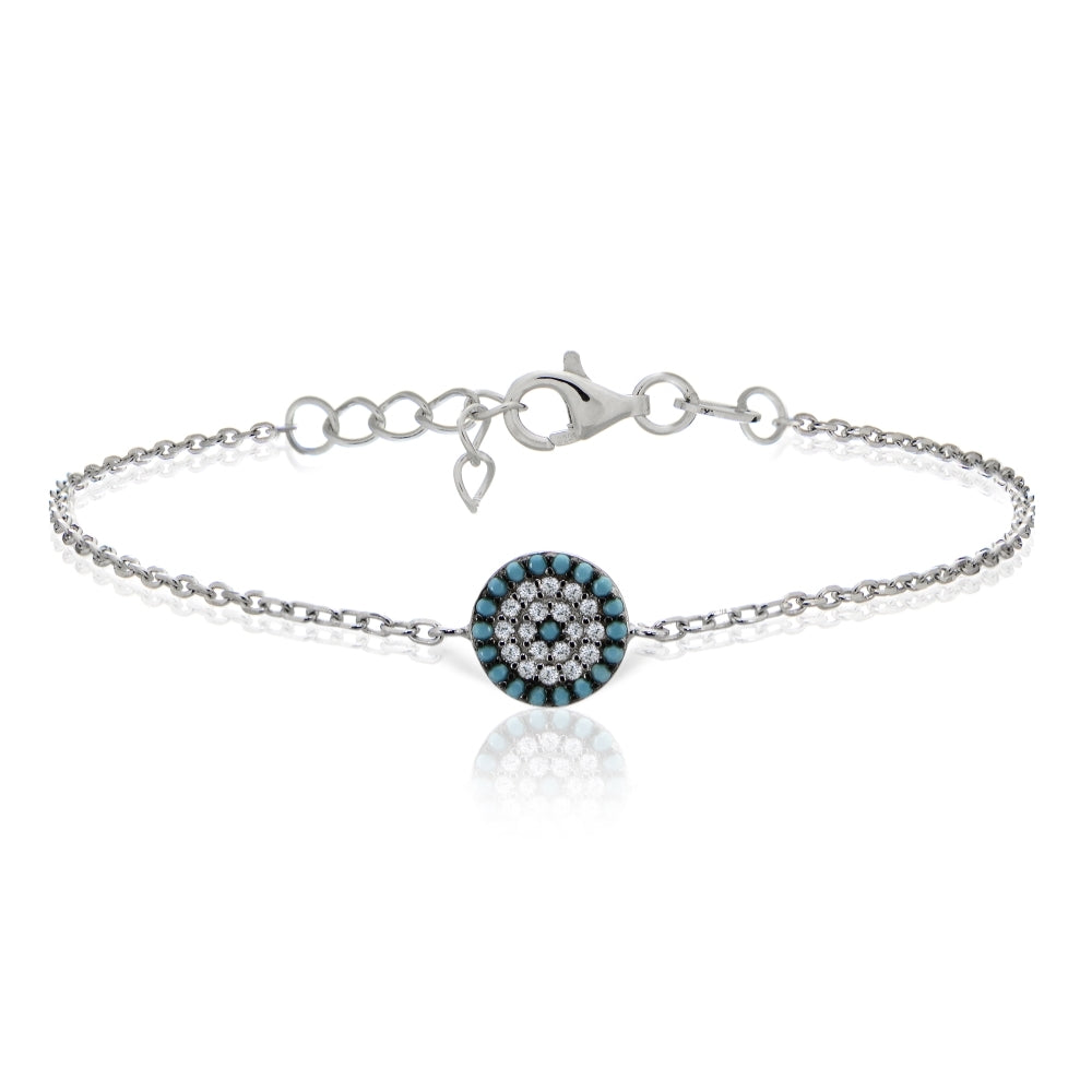 Sterling Silver Nano Created Turquoise and Cubic Zirconia Round Evil Eye Bracelet