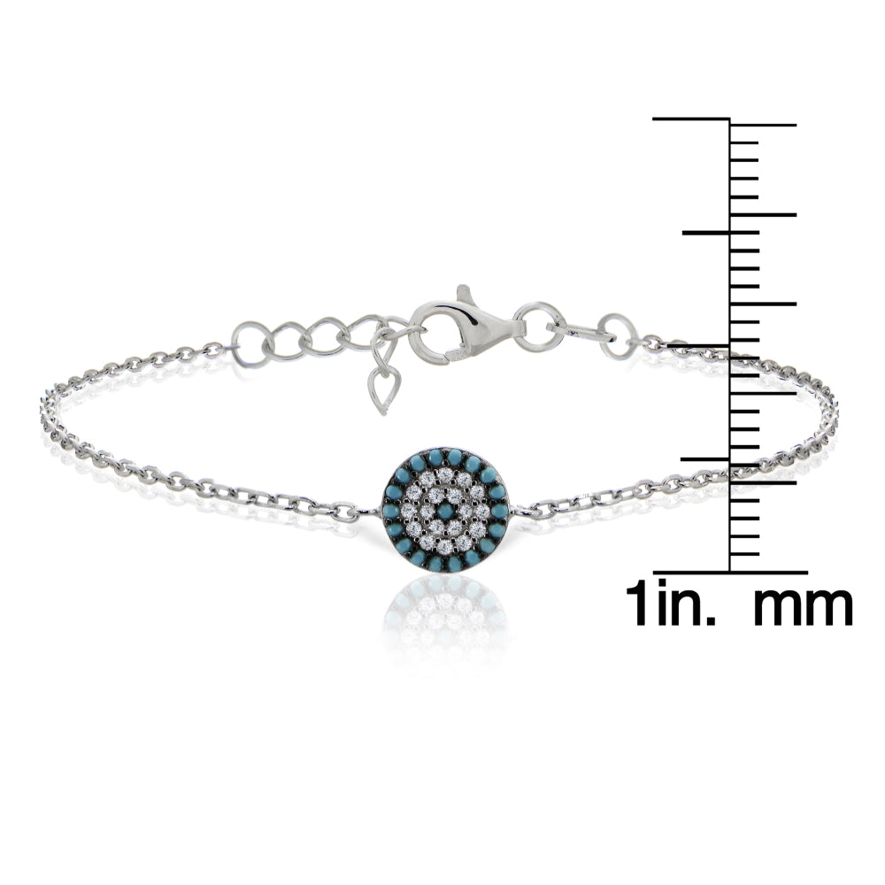 Sterling Silver Nano Created Turquoise and Cubic Zirconia Round Evil Eye Bracelet-3