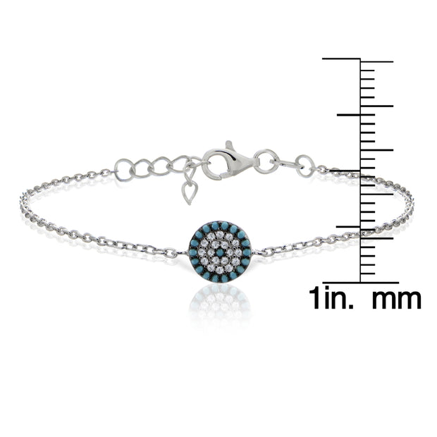 Sterling Silver Nano Created Turquoise and Cubic Zirconia Round Evil Eye Bracelet