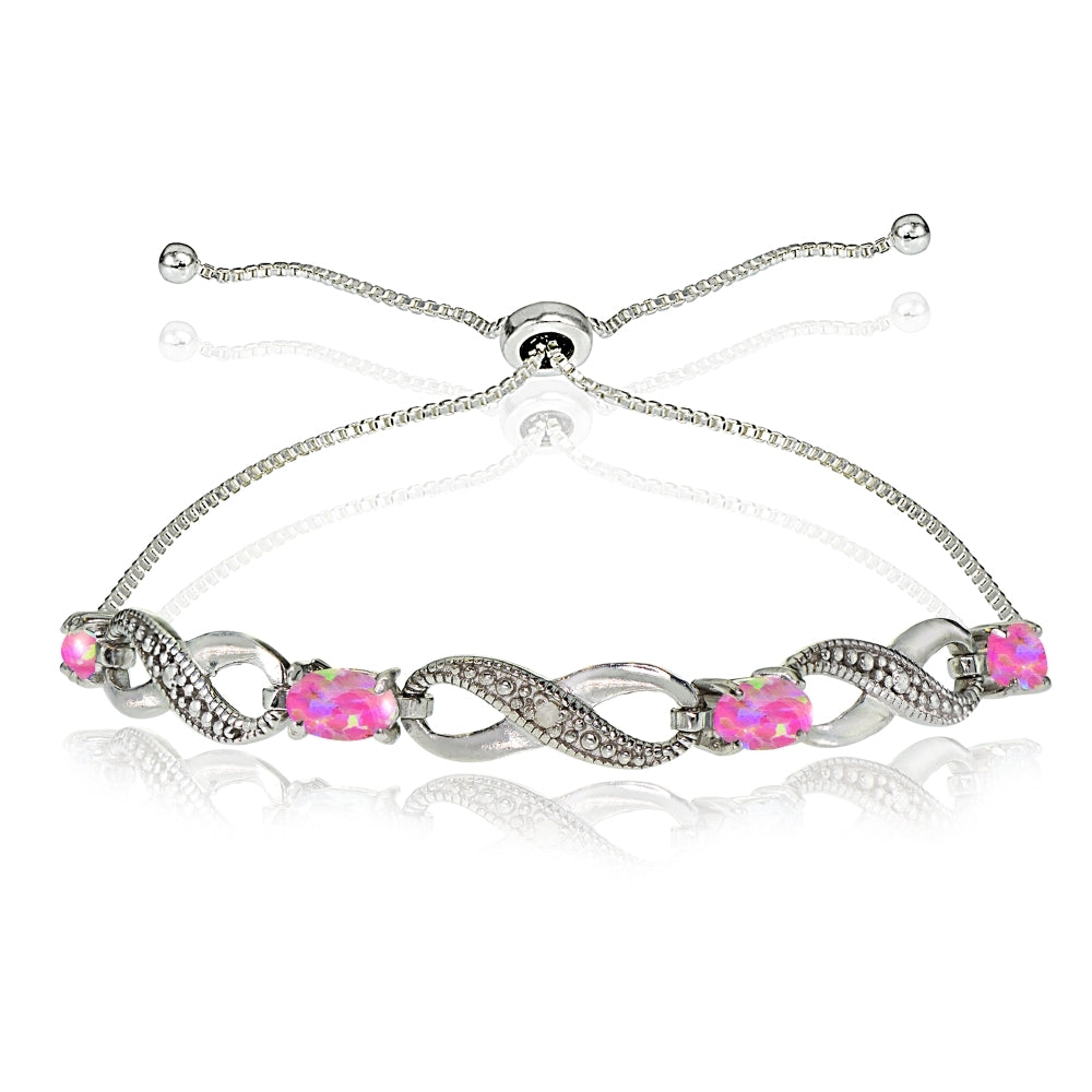 Sterling Silver Created Pink Opal Figure 8 Infinity Adjustable Bolo Bracelet