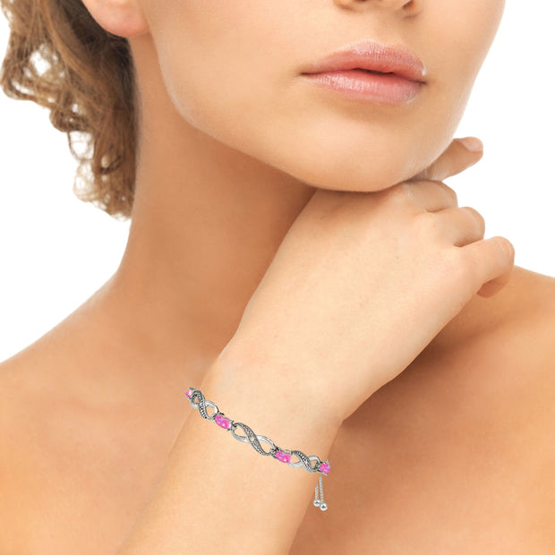 Sterling Silver Created Pink Opal Figure 8 Infinity Adjustable Bolo Bracelet