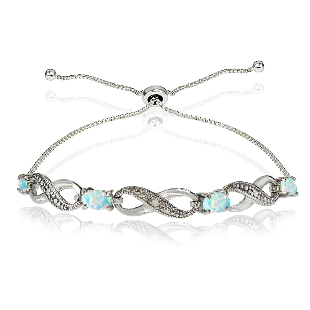 Sterling Silver Created White Opal Figure 8 Infinity Adjustable Bolo Bracelet