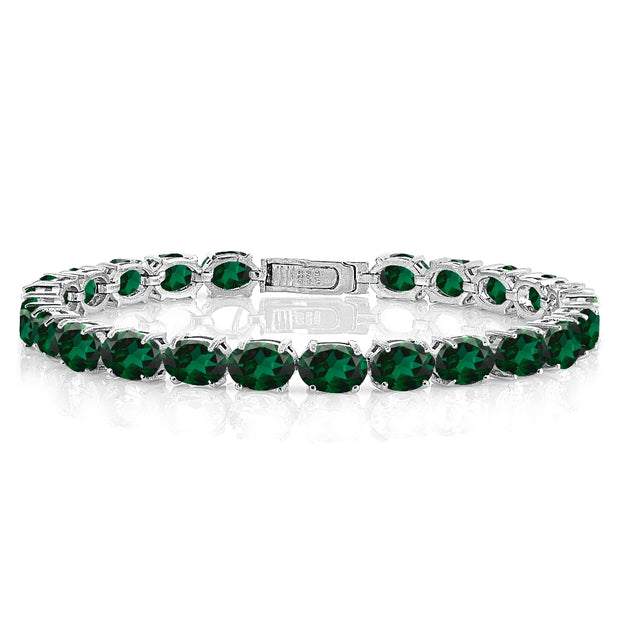 Sterling Silver 12.35ct Created Emerald 7x5mm Oval Tennis Bracelet