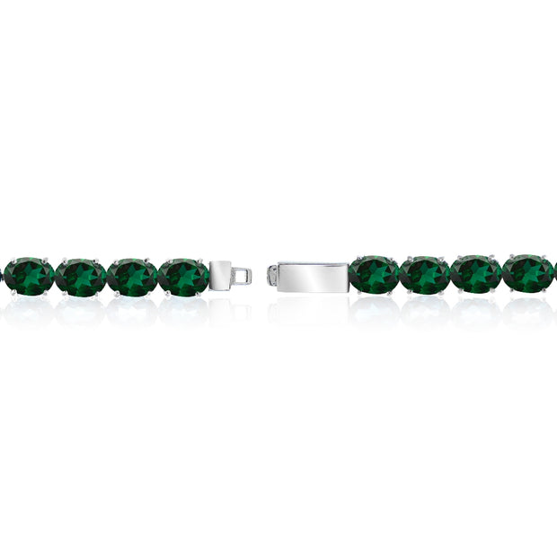 Sterling Silver 12.35ct Created Emerald 7x5mm Oval Tennis Bracelet