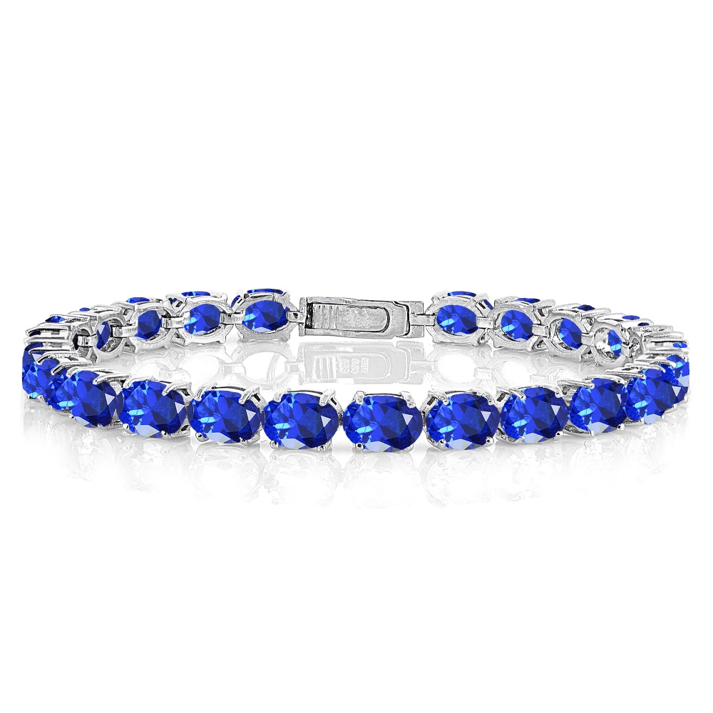 Sterling Silver Created Blue Sapphire 7x5mm Oval-cut Classic Tennis Bracelet