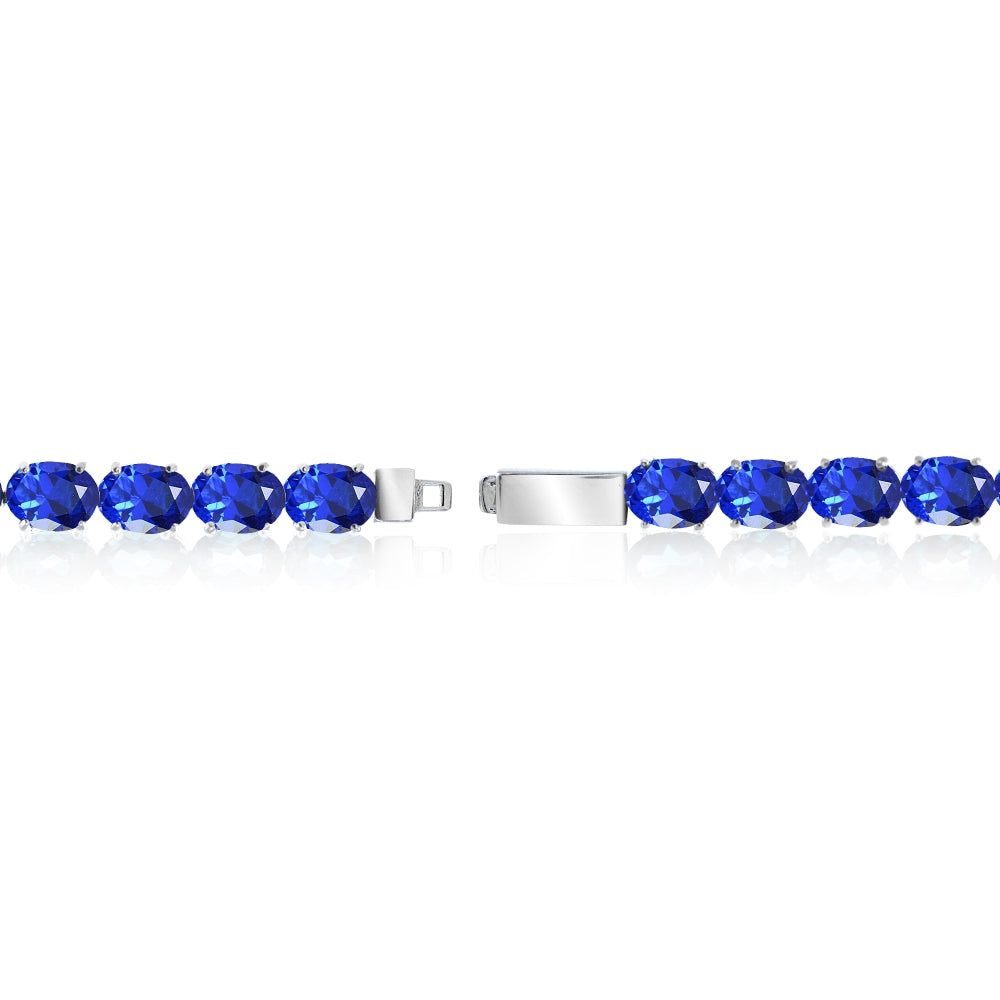 Sterling Silver Created Blue Sapphire 7x5mm Oval-cut Classic Tennis Bracelet-2