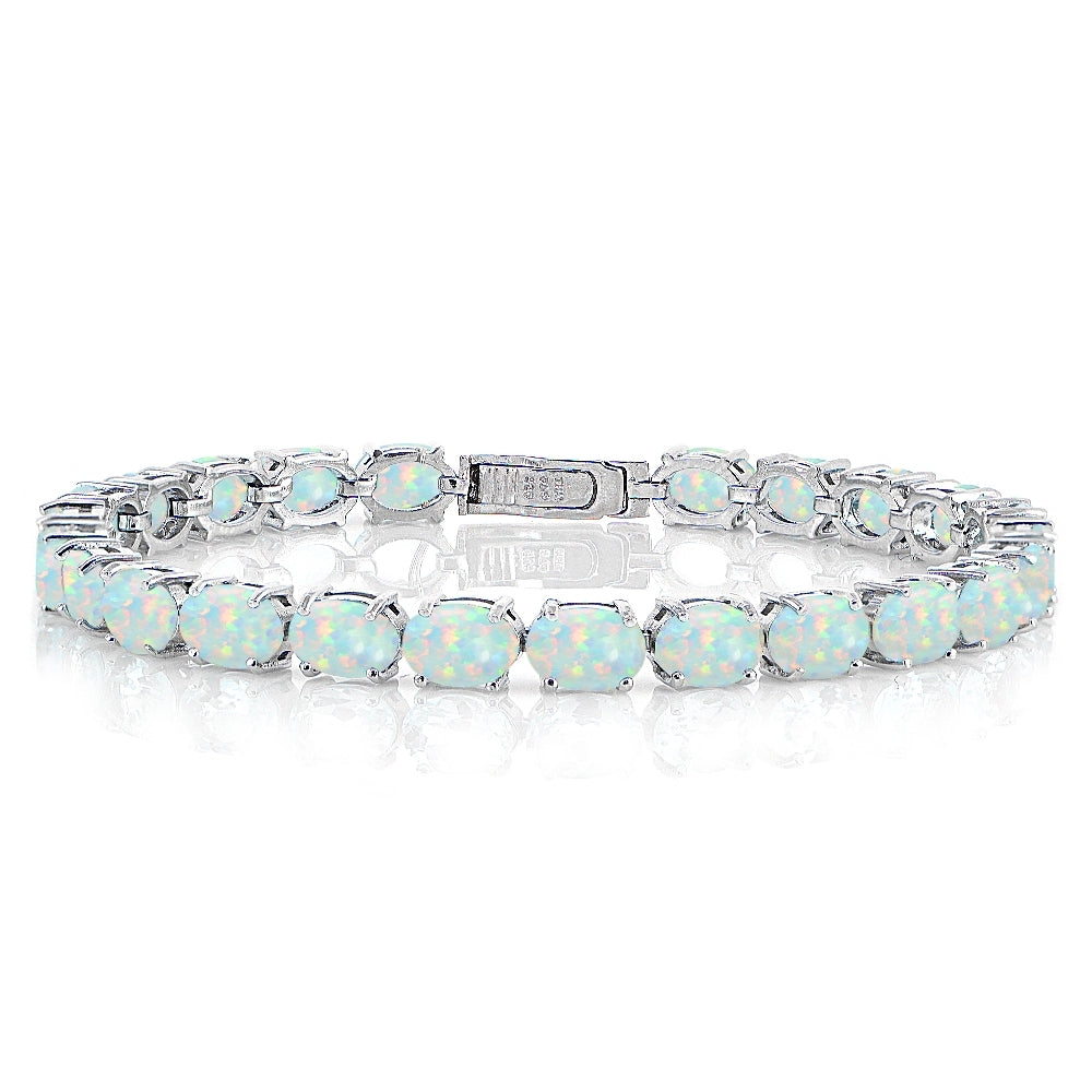 Sterling Silver 7.4ct Created White Opal 7x5mm Oval Tennis Bracelet