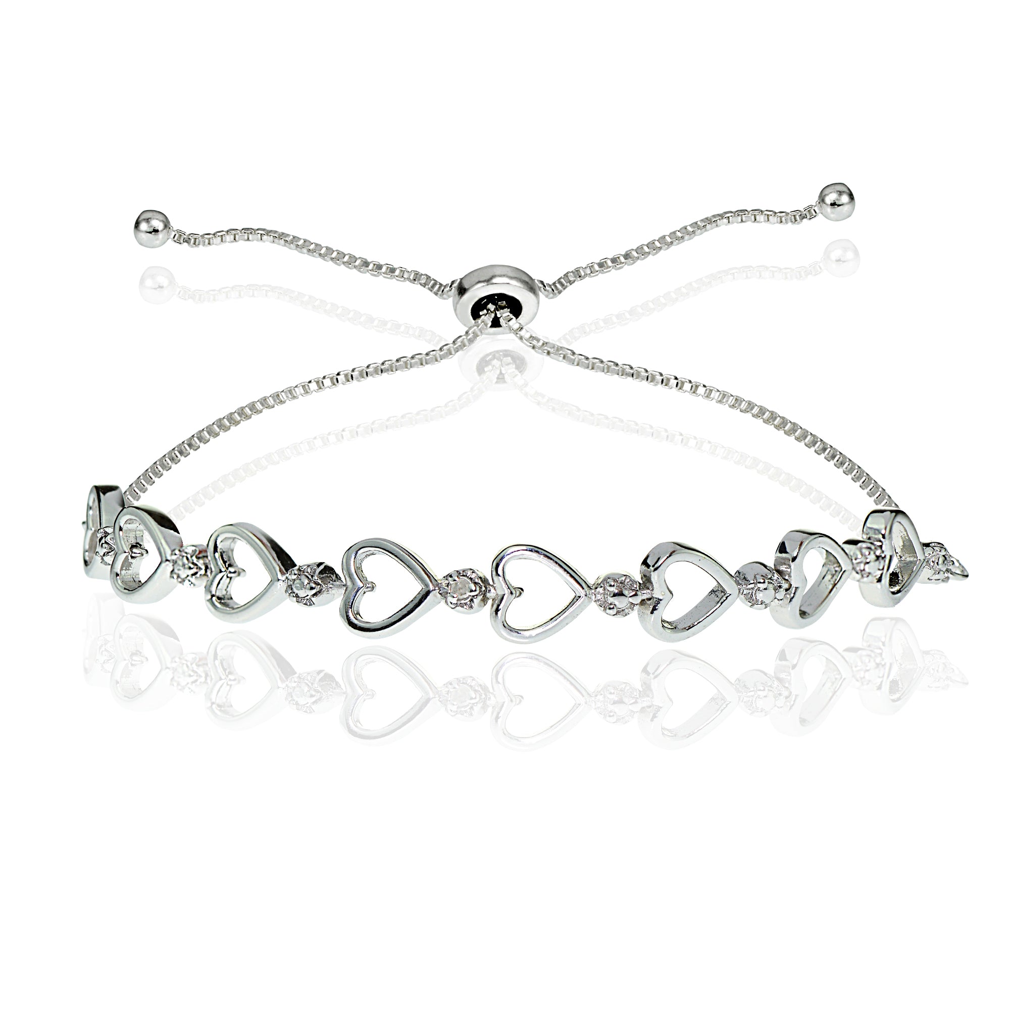 Sterling Silver Diamond Accented Open Heart Link Adjustable Bolo Bracelet