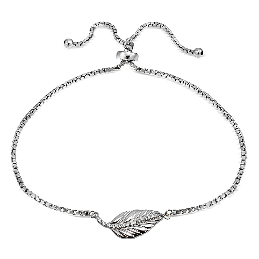 Sterling Silver Cubic Zirconia Leaf Adjustable Bracelet