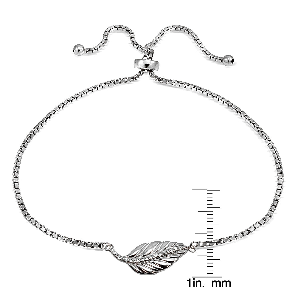 Sterling Silver Cubic Zirconia Leaf Adjustable Bracelet-3